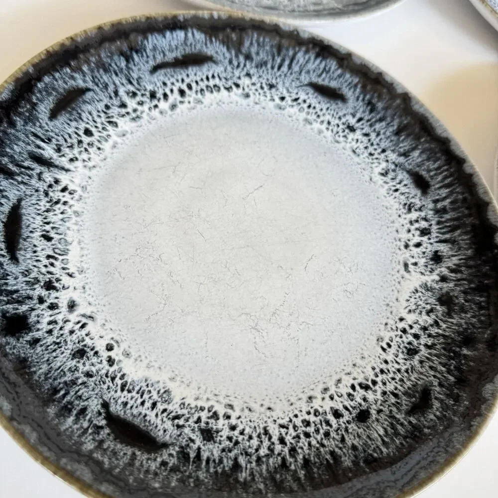 4 West Elm Reactive Glaze Blue Black White Brown Salad Bread Lunch Plates